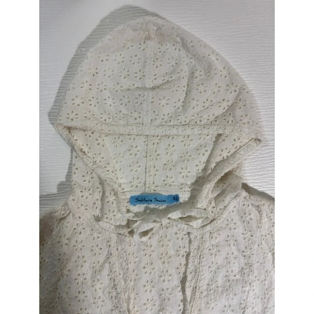 Solitaire Swim White Eyelet Lace Hooded Tunic Cover Up XL Boho Beach V-Neck